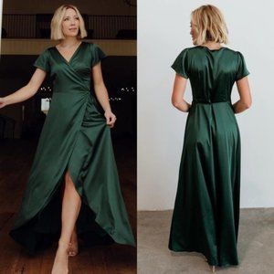 Baltic Born Krystal Satin Wrap Emerald Green Maxi Dress Gown Size XL NWT